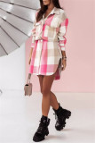 Pink Casual Plaid Cardigan Turndown Collar Outerwear