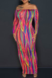 Colour Sexy Casual Print Backless Off the Shoulder Long Sleeve Dresses