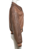 Brown Street Embroidery Patchwork Pocket Buckle Turndown Collar Outerwear