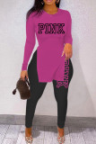 Rose Purple Casual Letter Print Slit O Neck Long Sleeve Two Pieces