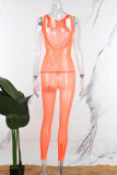 Orange Sexy Solid Ripped Patchwork See-through O Neck Skinny Jumpsuits