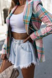 Pink Casual Plaid Cardigan Turndown Collar Outerwear