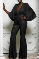 Black Sexy Solid Sequins Patchwork Fold V Neck Loose Jumpsuits