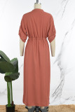 Pink Casual Solid Frenulum Slit V Neck Long Dress Dresses