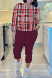 Burgundy Casual Print Basic O Neck Long Sleeve Two Pieces