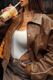Brown Street Embroidery Patchwork Pocket Buckle Turndown Collar Outerwear