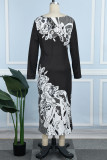 Black Elegant Print Patchwork Slit O Neck Irregular Dress Dresses