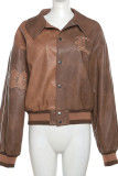 Brown Street Embroidery Patchwork Pocket Buckle Turndown Collar Outerwear