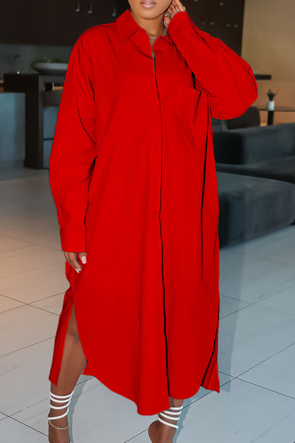 Red Elegant Solid Patchwork Buckle Slit Shirt Collar Straight Dresses