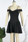 Black Sexy Casual Solid Backless Spaghetti Strap Short Sleeve Dress