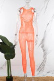 Orange Sexy Solid Ripped Patchwork See-through O Neck Skinny Jumpsuits