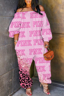 Rose Pink Casual Print Basic Off the Shoulder Regular Jumpsuits