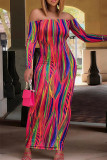 Colour Sexy Casual Print Backless Off the Shoulder Long Sleeve Dresses