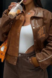 Brown Street Embroidery Patchwork Pocket Buckle Turndown Collar Outerwear