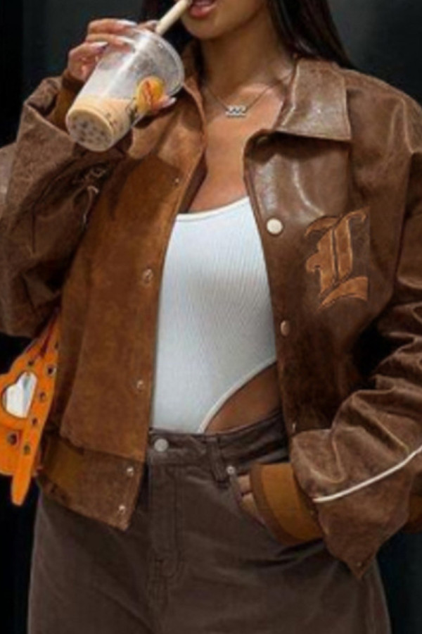 Brown Street Embroidery Patchwork Pocket Buckle Turndown Collar Outerwear
