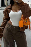 Brown Street Embroidery Patchwork Pocket Buckle Turndown Collar Outerwear