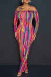 Colour Sexy Casual Print Backless Off the Shoulder Long Sleeve Dresses