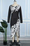 Black Elegant Print Patchwork Slit O Neck Irregular Dress Dresses