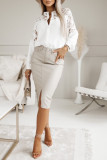 White Casual Solid Patchwork Buttons See-through Tops