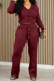 Dark Red Casual Solid Basic V Neck Long Sleeve Two Pieces