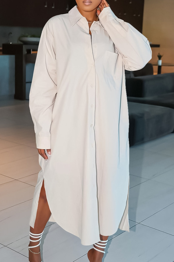 Apricot Elegant Solid Patchwork Buckle Slit Shirt Collar Straight Dresses