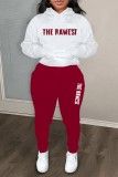 White Red Casual Letter Print Basic Hooded Collar Long Sleeve Two Pieces