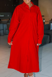 Red Elegant Solid Patchwork Buckle Slit Shirt Collar Straight Dresses