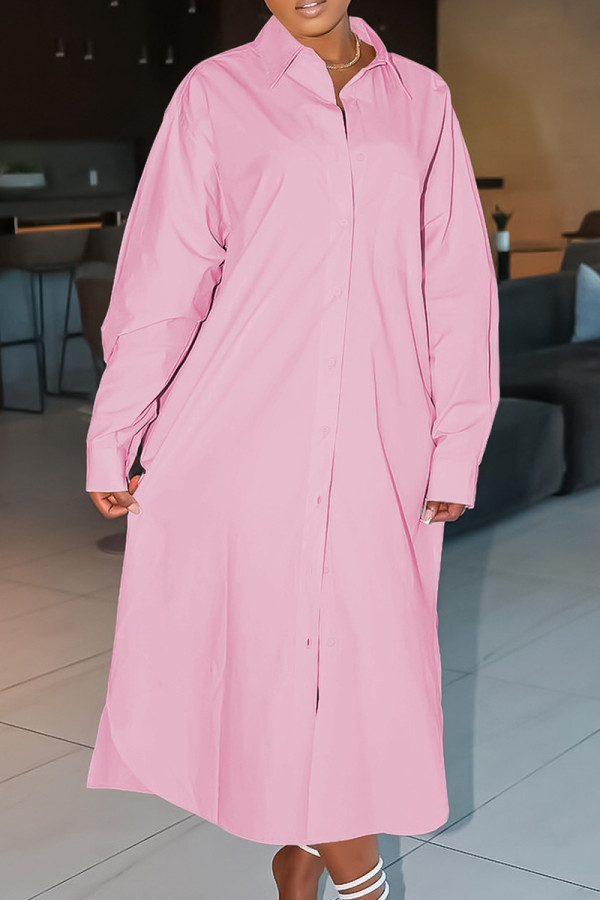 Pink Elegant Solid Patchwork Buckle Slit Shirt Collar Straight Dresses