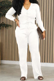 White Casual Solid Basic V Neck Long Sleeve Two Pieces