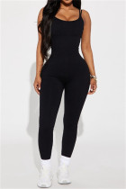 Black Sexy Casual Sportswear Solid Backless Spaghetti Strap Skinny Jumpsuits