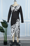 Black Elegant Print Patchwork Slit O Neck Irregular Dress Dresses