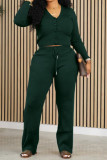 Ink Green Casual Solid Basic V Neck Long Sleeve Two Pieces