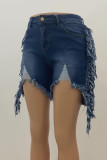 Dark Blue Casual Solid Tassel Ripped Patchwork Pocket Buttons Zipper High Waist Regular Denim Skirts