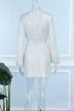 Silver Casual Patchwork Sequins Frenulum V Neck Long Sleeve Dresses