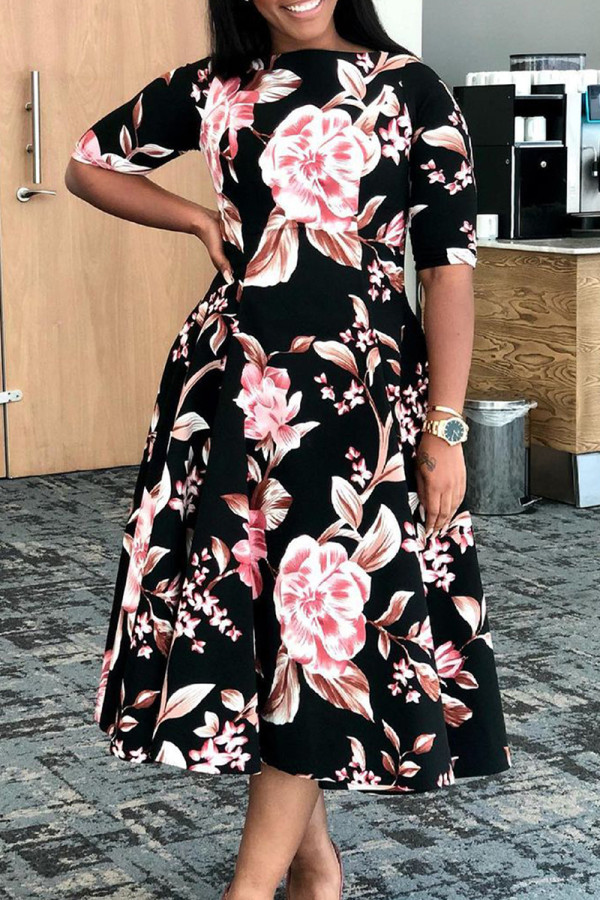 Black Elegant Floral Patchwork O Neck A Line Dresses