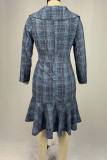 Blue Casual Plaid Print Patchwork Turndown Collar Long Sleeve Dresses
