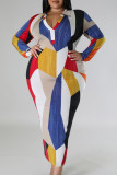 Royal Blue Casual Color Block Patchwork Turndown Collar Printed Dress Plus Size Dresses