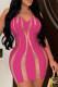Rose Red Sexy Color Block Patchwork See-through Backless Halter Wrapped Skirt Dresses