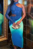 Blue Casual Print Hollowed Out Half A Turtleneck Irregular Dress Dresses