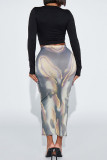 Purple Casual Print Patchwork O Neck Long Sleeve Two Pieces