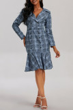 Grey Casual Plaid Print Patchwork Turndown Collar Long Sleeve Dresses