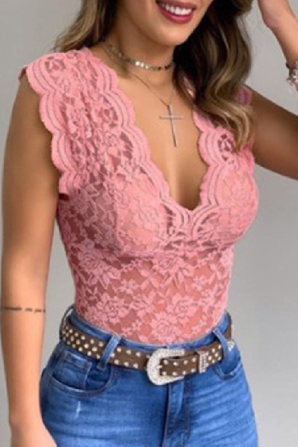 Pink Casual Solid Patchwork V Neck Tops