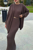 Dark Brown Casual Solid Cardigan O Neck Long Sleeve Two Pieces (Without Belt)