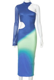 Blue Casual Print Hollowed Out Half A Turtleneck Irregular Dress Dresses