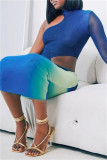 Blue Casual Print Hollowed Out Half A Turtleneck Irregular Dress Dresses