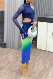 Blue Casual Print Hollowed Out Half A Turtleneck Irregular Dress Dresses
