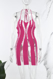 Blue Sexy Color Block Patchwork See-through Backless Halter Wrapped Skirt Dresses