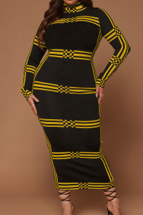 Yellow Casual Striped Patchwork Turtleneck Long Dress Plus Size Dresses