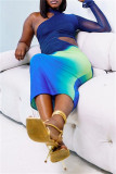 Blue Casual Print Hollowed Out Half A Turtleneck Irregular Dress Dresses