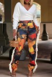 Multicolor Casual Print Patchwork Regular High Waist Conventional Patchwork Trousers